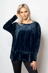 Sno Skins Plush Boyfriend Pullover in Navy.  Polyester velvet oversized crew neck top.  Top stitch seam detailing.  Long sleeves.  Curved hem_t_34688412549320