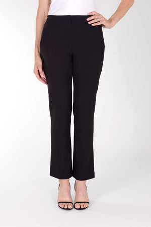 Lisette L Montreal Jolie Crepe Straight Ankle Trouser in Black.  Crepe pull on pant with 2 front faux welt pockets.  Hidden waistband.  Pant is snug through hips and falls straight to hem.  Inseam: 28"._34387093913800