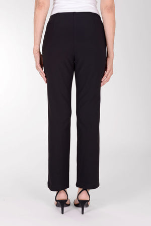 Lisette L Montreal Jolie Crepe Straight Ankle Trouser in Black. Crepe pull on pant with 2 front faux welt pockets. Hidden waistband. Pant is snug through hips and falls straight to hem. Inseam: 28"._34387093946568