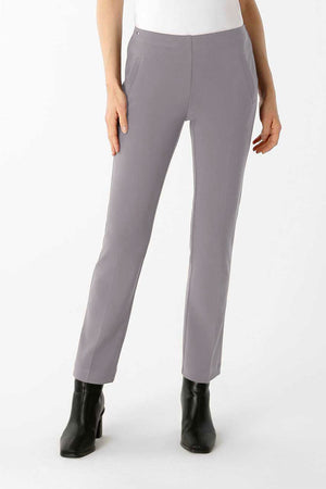 Lisette L Montreal Jolie Crepe Straight Ankle Trouser in Gray. Crepe pull on pant with 2 front faux welt pockets. Hidden waistband. Pant is snug through hips and falls straight to hem. Inseam: 28"._34447056240840