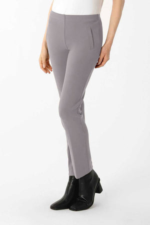 Lisette L Montreal Jolie Crepe Straight Ankle Trouser in Gray. Crepe pull on pant with 2 front faux welt pockets. Hidden waistband. Pant is snug through hips and falls straight to hem. Inseam: 28"._34447056208072
