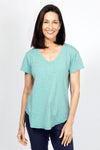 Mododoc Short Sleeve V Neck with Curved Hem in Aqua Dream. V neck short sleeve high low tee. Raw edges. Relaxed fit._t_35227213791432