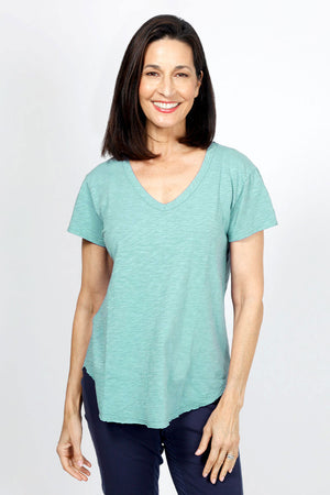 Mododoc Short Sleeve V Neck with Curved Hem in Aqua Dream. V neck short sleeve high low tee. Raw edges. Relaxed fit._35227213791432