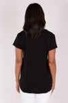 Mododoc Short Sleeve V Neck with Curved Hem in Black. V neck short sleeve high low tee. Raw edges. Relaxed fit._t_34238402658504