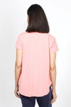 Mododoc Short Sleeve V Neck with Curved Hem in Coral Essence. V neck short sleeve high low tee. Raw edges. Relaxed fit._t_34970779287752