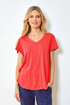 Mododoc Short Sleeve V Neck with Curved Hem in Fiery Tangerine. V neck short sleeve high low tee. Raw edges. Relaxed fit._t_35227213627592