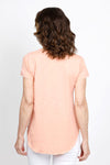 Mododoc Short Sleeve V Neck with Curved Hem in Melon. V neck short sleeve high low tee. Raw edges. Relaxed fit._t_35438820819144