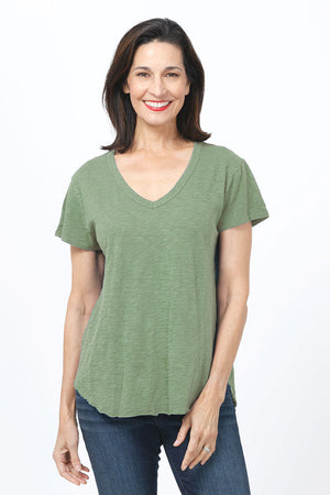 Mododoc Short Sleeve V Neck with Curved Hem in Mint Moss. V neck short sleeve high low tee. Raw edges. Relaxed fit._35227213693128