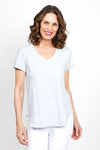 Mododoc Short Sleeve V Neck with Curved Hem in Silver. V neck short sleeve high low tee. Raw edges. Relaxed fit._t_35438817804488