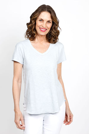 Mododoc Short Sleeve V Neck with Curved Hem in Silver. V neck short sleeve high low tee. Raw edges. Relaxed fit._35438817804488