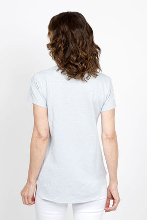 Mododoc Short Sleeve V Neck with Curved Hem in Silver. V neck short sleeve high low tee. Raw edges. Relaxed fit._35438817902792