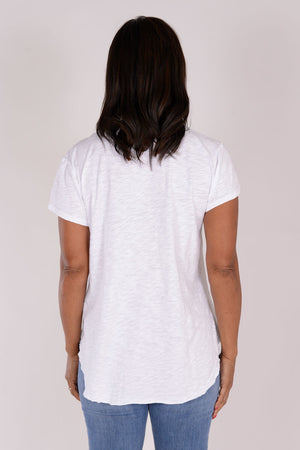 Mododoc Short Sleeve V Neck with Curved Hem in White. V neck short sleeve high low tee. Raw edges. Relaxed fit._34238402724040