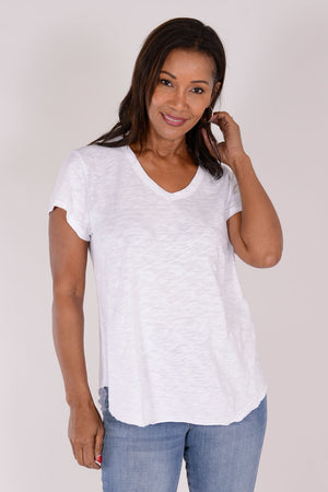 Mododoc Short Sleeve V Neck with Curved Hem in White. V neck short sleeve high low tee. Raw edges. Relaxed fit._34238402855112