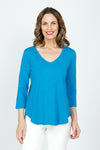 Moodoc 3Q Sleeve V neck Tee in Calypso Blue.  V neck slub 
cotton tee with 3/4 sleeve.  Curved hem with raw edge.  Relaxed fit._t_59543042883950