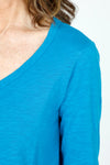 Mododoc 3Q Sleeve V neck Tee in Calypso Blue.  V neck slub 
cotton tee with 3/4 sleeve.  Curved hem with raw edge.  Relaxed fit._t_59543042949486