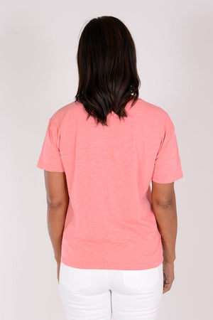 Mododoc Boxy Crew Tee in Sweet Coral. Crew neck short sleeve slub cotton tee with rib trim at neck. Back center seam. Slightly oversized, relaxed fit._34239043895496