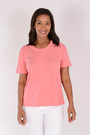 Mododoc Boxy Crew Tee in Sweet Coral.  Crew neck short sleeve slub cotton tee with rib trim at neck.  Back center seam.  Slightly oversized, relaxed fit._34239043829960