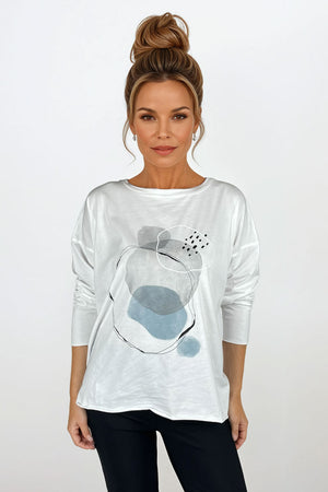 Planet Bubbles T in White.  Banded crew neck long sleeve boxy tee with large silver light blue and black abstract circular graphic on front.  Drop shoulder.  Raw edges.  Oversized fit.  One size fits many._61264745333102