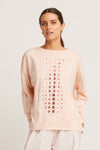 Planet Metallic Dot Boxy T in Blush/Rose Gold.  Crew neck long sleeve one size Pima Cotton tee.  Grid of varied size metallic dots on front.  Line of metallic dots at center back.  Dropped shoulders.  Raw edges.  Oversized fit_t_60140754207086