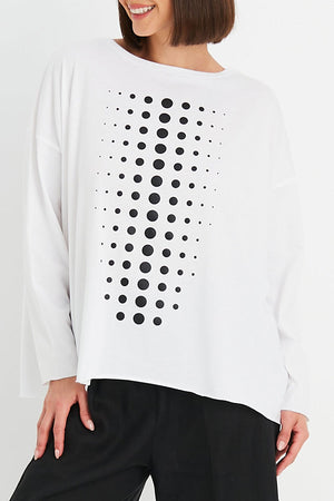 Planet Dot Dot Dot Boxy T in White with Black Dots.  Varying size dots on front with 4 single dots down center back.  Long sleeves.  Oversized fit.  One size fits many_61201005216110