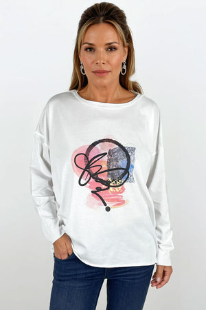 Planet DoodlesT in White.  Banded crew neck long sleeve boxy tee with bright multi-color doodle graphic on front.  Drop shoulder.  Raw edges.  Oversized fit.  One size fits many._61264864215406