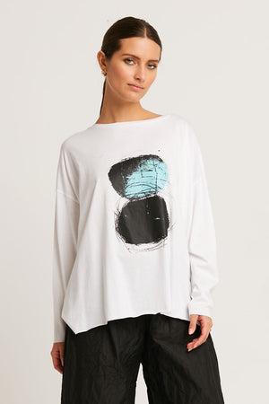 Planet Luna Boxy T in Multi.  Light and dark sides of the moon graphic print on front on white background.  Crew neck, long sleeve tee with dropped shoulders.  Oversized boxy fit.  One size fits many._60140822298990