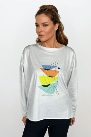 Planet Mid Century T in White.  Banded crew neck long sleeve boxy tee with multi color modern abstract graphic on front.  Drop shoulder.  Raw edges.  Oversized fit.  One size fits many._61264738320750