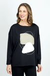 Planet Rock the T in Black.  Geometric block and scribble front center graphic in stone and white.  Crew neck long sleeve tee with dropped shoulder.  One size fits many.  Oversized fit._t_36030645895368