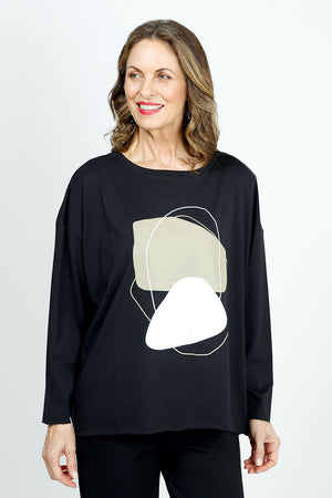 Planet Rock the T in Black.  Geometric block and scribble front center graphic in stone and white.  Crew neck long sleeve tee with dropped shoulder.  One size fits many.  Oversized fit._36030645895368