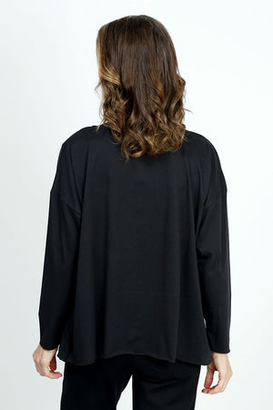 Planet Rock the T in Black. Geometric block and scribble front center graphic in stone and white. Crew neck long sleeve tee with dropped shoulder. One size fits many. Oversized fit._36030645960904