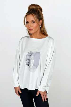 Planet Solar T in White.  Banded crew neck long sleeve boxy tee with large silver abstract graphic on front.  Drop shoulder.  Raw edges.  Oversized fit.  One size fits many._61264736125294