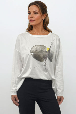 Planet Celestial Tee in White.  Abstract space-inspired graphic on white.  Crew neck long sleeve tee with dropped shoulder.  Plain back.  Raw edges.  Oversized fit.  One size fits many._61226446815598