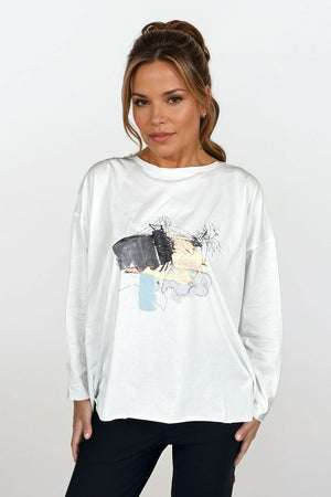Planet Watercolor T in White.  Banded crew neck long sleeve boxy tee with large soft pastel watercolor graphic on front.  Drop shoulder.  Raw edges.  Oversized fit.  One size fits many._61264792486254