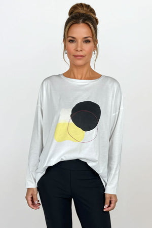 Planet Solar T in White.  Banded crew neck long sleeve boxy tee with large black white and yellow graphic on front.  Drop shoulder.  Raw edges.  Oversized fit.  One size fits many._61264730194286