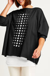Planet Dot Dot Dot Boxy T in Black with White Dots.  Varying size dots on front with 4 single dots down center back.  Long sleeves.  Oversized fit.  One size fits many_t_61201005314414