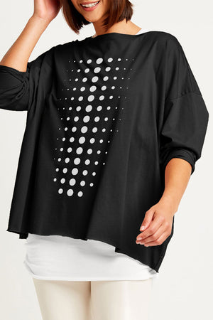 Planet Dot Dot Dot Boxy T in Black with White Dots.  Varying size dots on front with 4 single dots down center back.  Long sleeves.  Oversized fit.  One size fits many_61201005314414