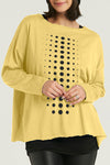Planet Dot Dot Dot Boxy T in Chartreuse with Black Dots.  Varying size dots on front with 4 single dots down center back.  Long sleeves.  Oversized fit.  One size fits many_t_61201005281646