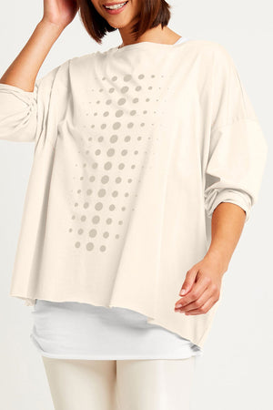 Planet Dot Dot Dot Boxy T in Stone with titanium Dots.  Varying size dots on front with 4 single dots down center back.  Long sleeves.  Oversized fit.  One size fits many_61201005248878