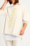 Planet Metallic Dot Boxy T in Stone/Gold.  Crew neck long sleeve one size Pima Cotton tee.  Grid of varied size metallic dots on front.  Line of metallic dots at center back.  Dropped shoulders.  Raw edges.  Oversized fit_t_61201056039278