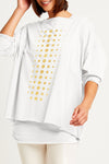 Planet Metallic Dot Boxy T in White/Gold.  Crew neck long sleeve one size Pima Cotton tee.  Grid of varied size metallic dots on front.  Line of metallic dots at center back.  Dropped shoulders.  Raw edges.  Oversized fit_t_61201056006510