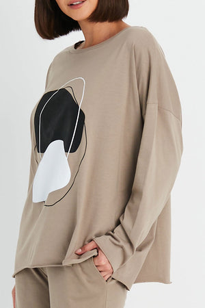 Planet Rock the T in Fawn.  Geometric block and scribble front center graphic in black and white.  Crew neck long sleeve tee with dropped shoulder.  One size fits many.  Oversized fit._52918398550382