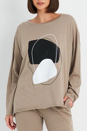 Planet Rock the T in Fawn.  Geometric block and scribble front center graphic in black and white.  Crew neck long sleeve tee with dropped shoulder.  One size fits many.  Oversized fit._52918398583150