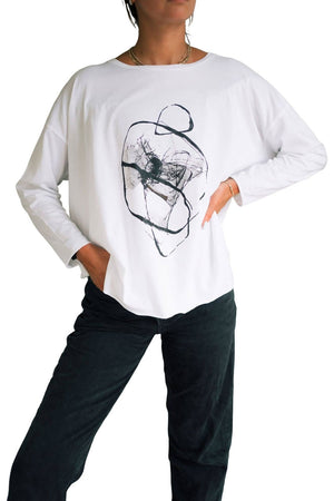 Planet Scribble T in White with Black Scribble Graphic.  Banded crew neck long sleeve tee with dropped shoulder.  Raw edges.  Oversized boxy fit.  One size fits many._61201068917102