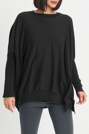 Planet Pima Oversized Crew Sweater in Black.  Crew neck sweater with long ribbed sleeves.  Rib trim at neck and hem.  Side slits.  Oversized fit.  One sizes fits many._34306610069704