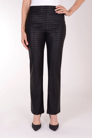 Lisette L Montreal Bronaugh Houndstooth Straight Trouser in Black.  Tone on tone houndstooth jacquard created from shiny and matte fabric.  Pull on pant with straight leg.  30" inseam.  8" leg opening._34358938501320