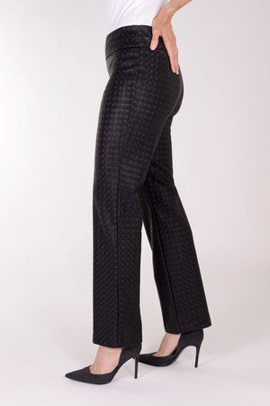 Lisette L Montreal Bronaugh Houndstooth Straight Trouser in Black. Tone on tone houndstooth jacquard created from shiny and matte fabric. Pull on pant with straight leg. 30" inseam. 8" leg opening._34358938534088