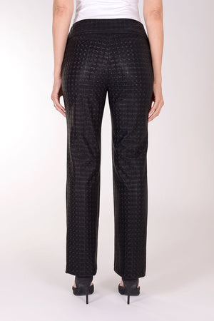Lisette L Montreal Bronaugh Houndstooth Straight Trouser in Black. Tone on tone houndstooth jacquard created from shiny and matte fabric. Pull on pant with straight leg. 30" inseam. 8" leg opening._34358938403016