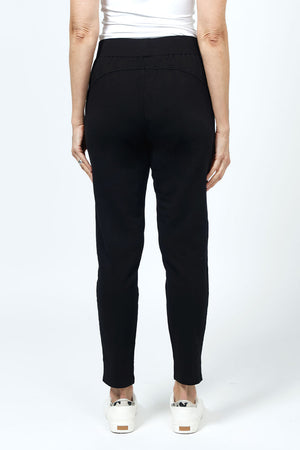 Mododoc Seamed Ankle Pant in Black. Pull on pant with 2" ribbed waistband. Front slash & stitched pockets. Raised front center seams. 28" inseam._35240902328520