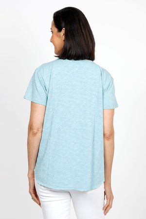 Mododoc Crew Neck High/Low Tee in aqua. Crew neck tee with short sleeves. Curved high low hem. Relaxed fit._35118795522248