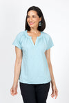 Mododoc Ruffle Henley Swing Tee in Aqua Dreams.  Crew neck with open v placket.  Raglan short sleeve.  Ruffle at neck.  Swing shape.  Raw edges.  Relaxed fit._t_35299707125960